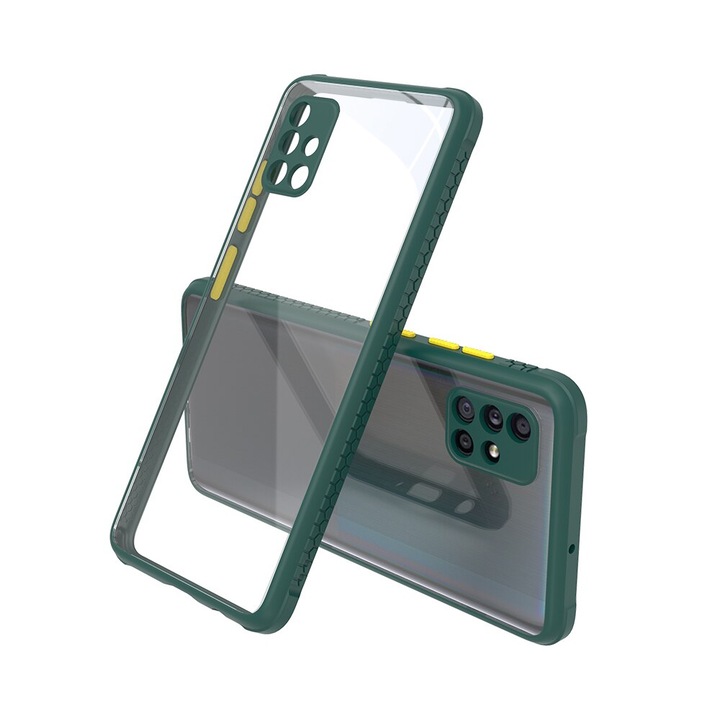 Удароустойчив Кейс за Samsung Galaxy A51, Гумирани краища, Прозрачен, Защита за камерата, Тъмнозелен