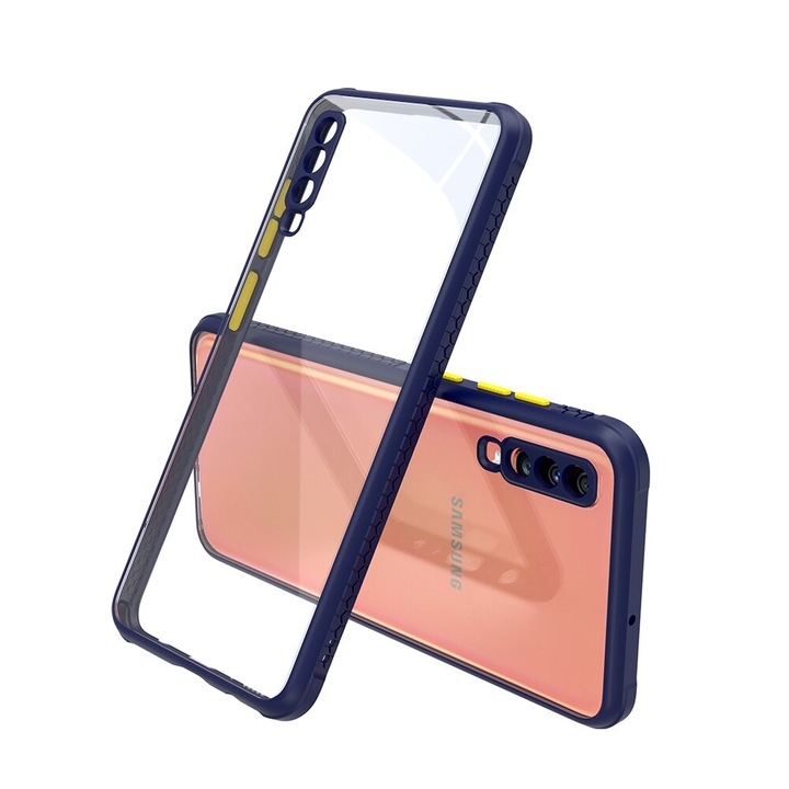 Husa antisoc pentru Samsung Galaxy A70, Muchii din cauciuc, Protectie pentru camera, Transparent/Azur