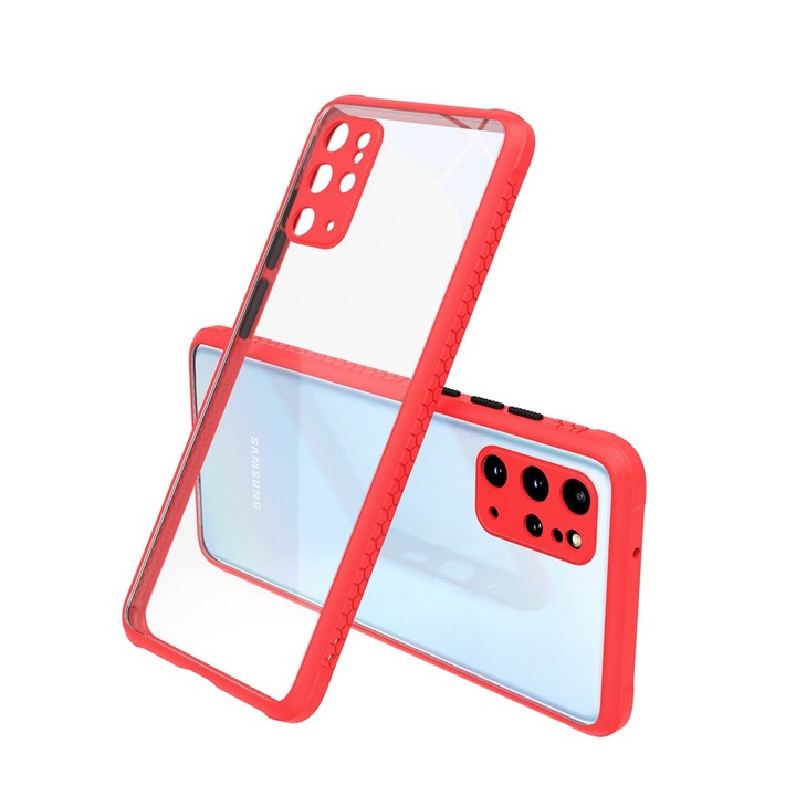 Удароустойчив Кейс за Samsung Galaxy S20 Plus, Гумирани краища, Прозрачен, Защита за камерата, Червен