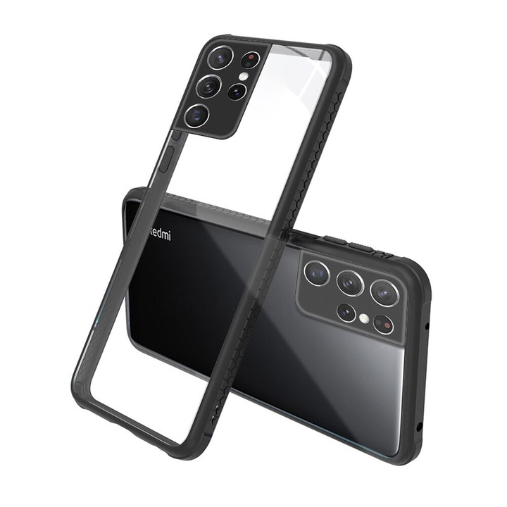 Удароустойчив Кейс за Samsung Galaxy S21 Ultra, Гумирани краища, Прозрачен, Защита за камерата, Черен