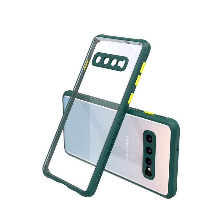 Kemény tok Samsung Galaxy S10 készülékhez, gumírozott élek, ütésálló, kameravédelem, sötétzöld