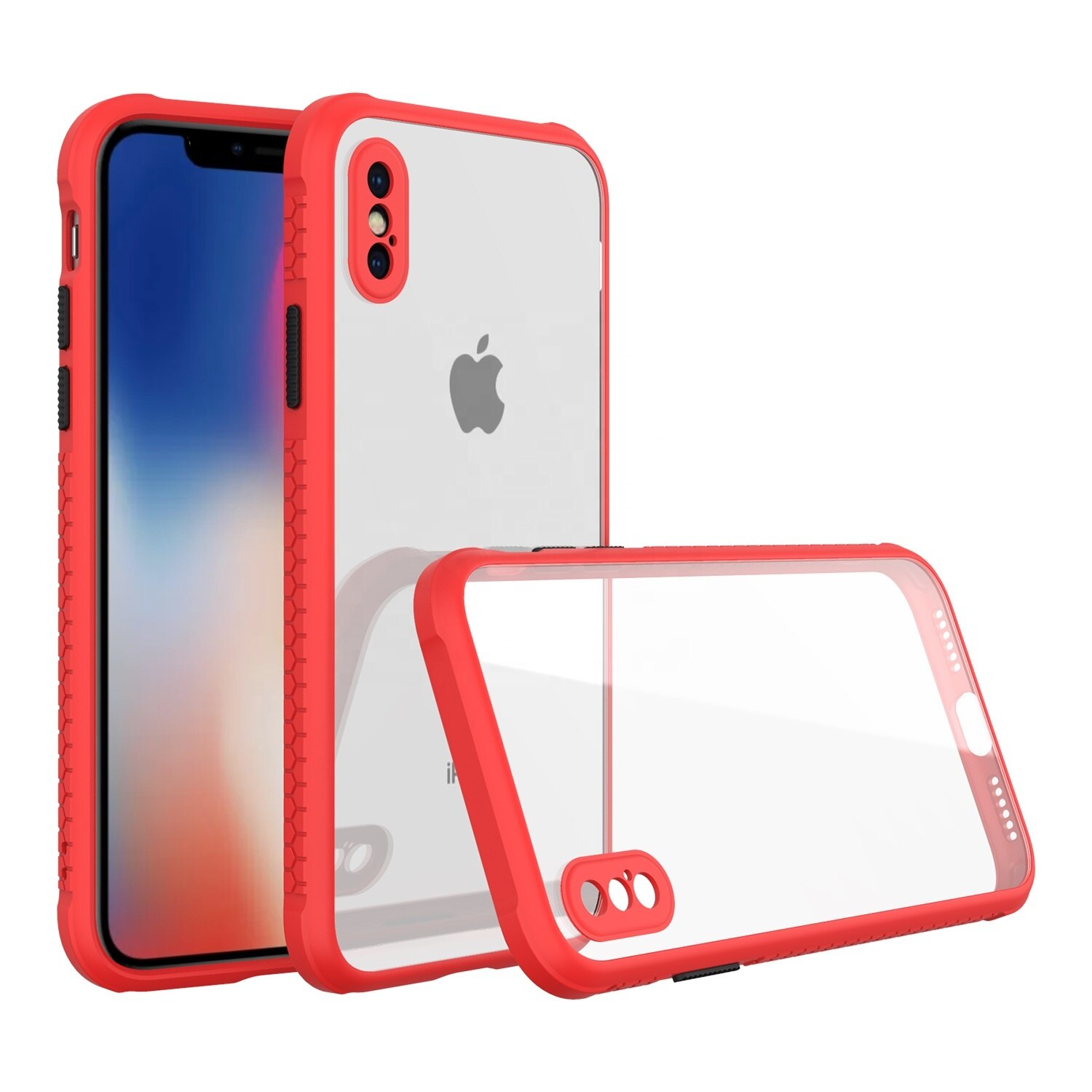 Husa rezistenta la socuri pentru iPhone XS Max, Policarbonat/Cauciuc, Protectie pentru camera, Transparent/Rosu