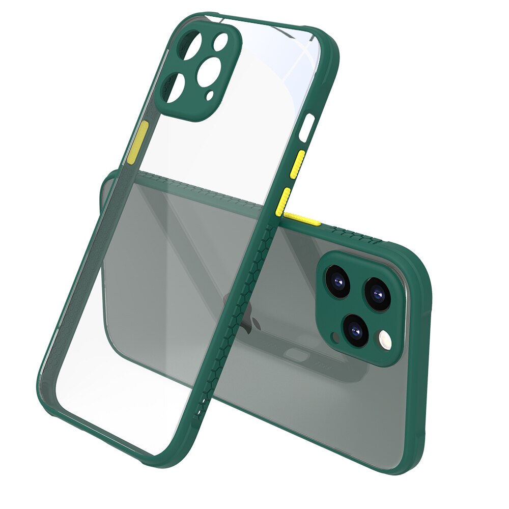 Husa antisoc pentru iPhone 11 Pro Max, Muchii din cauciuc, Protectie pentru camera, Transparent/Verde inchis