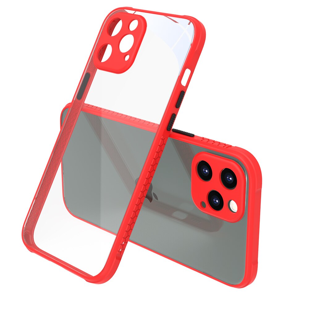 Husa antisoc pentru iPhone 12 Pro, Muchii din cauciuc, Protectie pentru camera, Transparent/Rosu