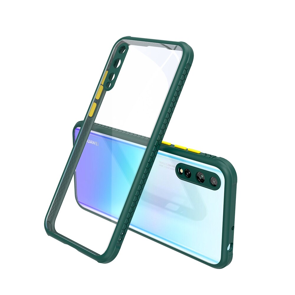 Husa antisoc pentru Huawei P Smart Pro, Muchii din cauciuc, Protectie pentru camera, Transparent/Verde inchis