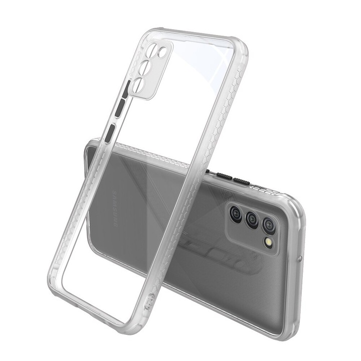 Удароустойчив Кейс за Samsung Galaxy A02s, Гумирани краища, Прозрачен, Защита за камерата, Бял