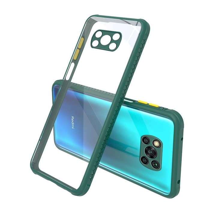 Удароустойчив Кейс за Xiaomi Redmi Poco X3, Гумирани краища, Прозрачен, Защита за камерата, Тъмнозелен