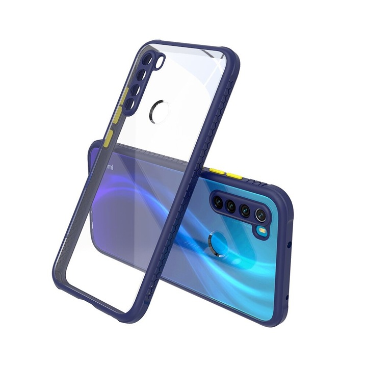 Husa antisoc pentru Xiaomi Redmi Note 8, Muchii din cauciuc, Protectie pentru camera, Transparent/Azur