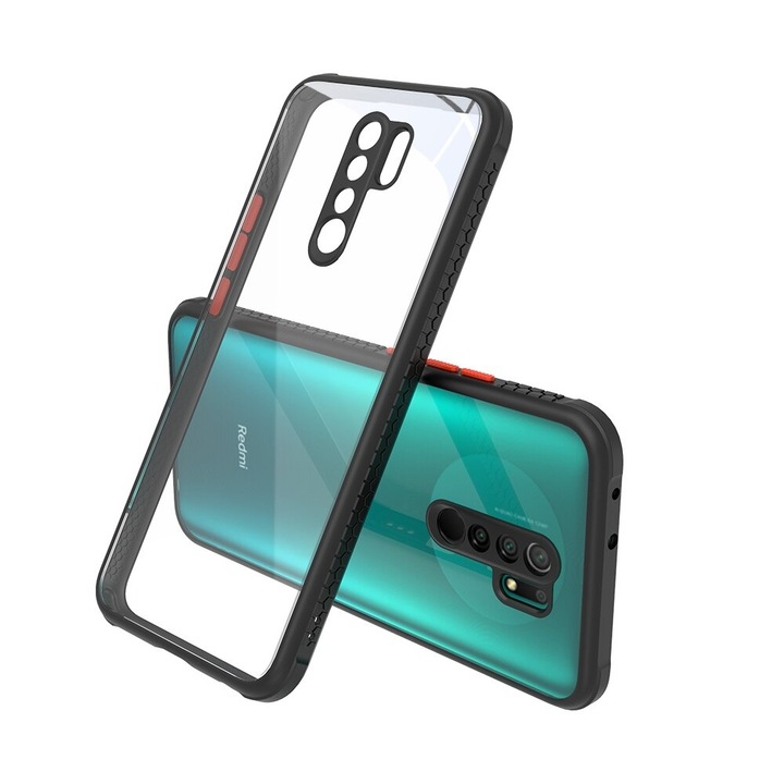 Удароустойчив Кейс за Xiaomi Redmi 9, Гумирани краища, Прозрачен, Защита за камерата, Черно