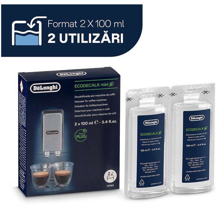 Decalcifiant original De’Longhi EcoDecalk DLSC200, 2 utilizari, 2x100 ml