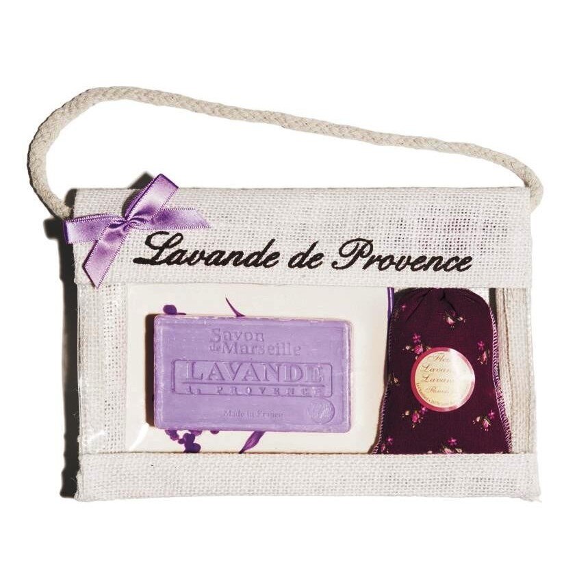 Set Cadou Poseta Iuta Sapun Marsilia 100g Lavanda Savoniera Ceramica si Saculet Flori Lavanda Provence 18g Le Chatelard 1802