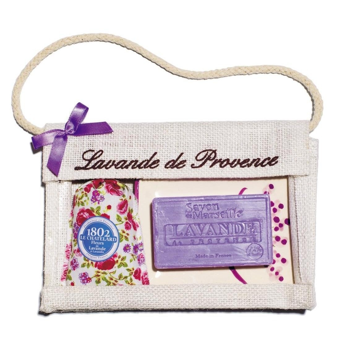 Set Cadou Poseta Iuta Sapun Marsilia 100g Lavanda Savoniera Ceramica si Saculet Flori Lavanda Provence 18g Le Chatelard 1802
