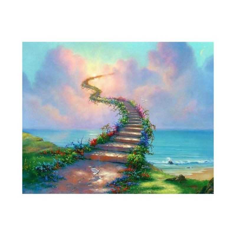 Set de creatie cu diamante AMTMBS DIY 5D, Model scara catre cer, 34.8 x 24.8cm, Multicolor