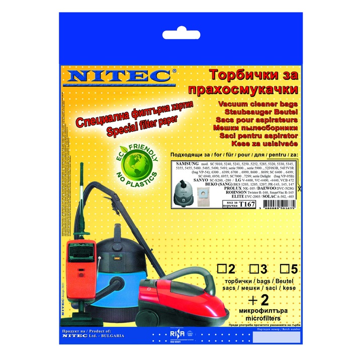 Saci pentru aspiratoare NITEC, cod T167, 2 saci, compatibilitatea este mentionata pe ambalaj