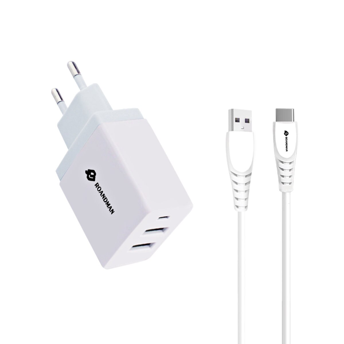 Set incarcator priza EU, dual USB, cu cablu USB Tip C, 1m, RO & MAN RC06D-W, 5V / 2.1 A, 2 x USB, intrare AC 100 - 240V, indicator LED, alb