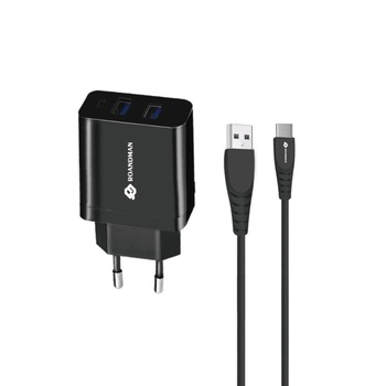 Set incarcator priza EU, dual USB, cu cablu USB Tip C, 1m, RO & MAN RC06D-B, 5V / 2.1 A, 2 x USB, intrare AC 100 - 240V, indicator LED, negru Set incarcator priza EU, dual USB, cu cablu USB Tip C, 1m, RO & MAN RC06D-B, 5V / 2.1 A, 2 x USB, intrare AC 100 - 240V, indicator LED, negru