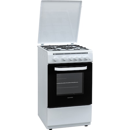 Aragaz Heinner HFSC-V60LITWH, Gaz, 4 arzatoare, Aprindere electrica, Dispozitiv siguranta plita si cuptor, Timer, Duze incluse, 50 cm, Alb