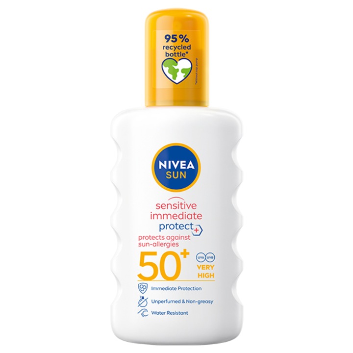 Слънцезащитен спрей Nivea Sun Sensitive Immediate Protect SPF50+, За незабавна защита срещу слънчеви алергии 200 мл