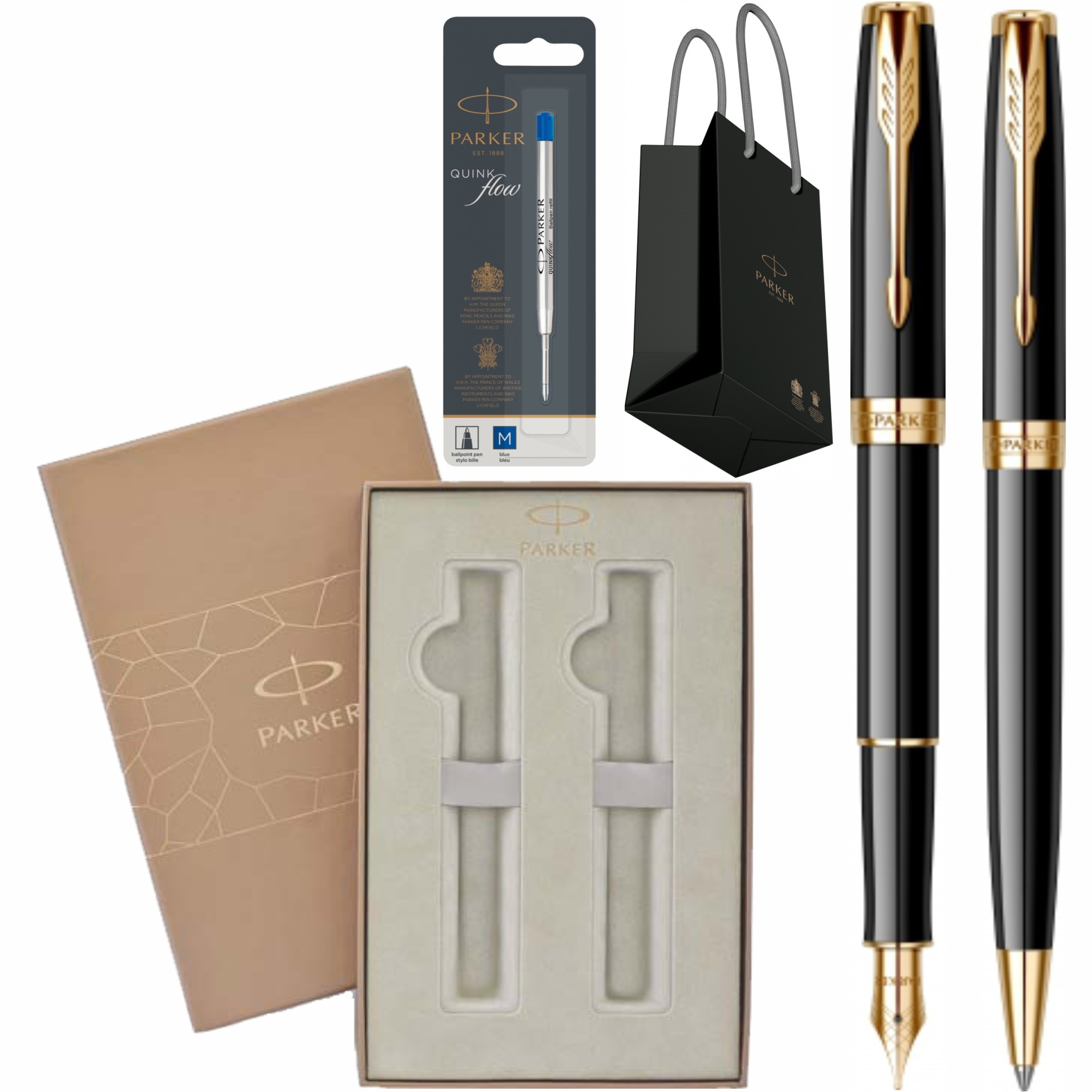 Set Parker Stilou Pix Sonnet Royal Black GT Personalizat prin Gravura Laser cu convertor si mina pix Parker montate + rezerva mina pix Quink Flow Albastru M/ F in cutie Premium Duo si punga