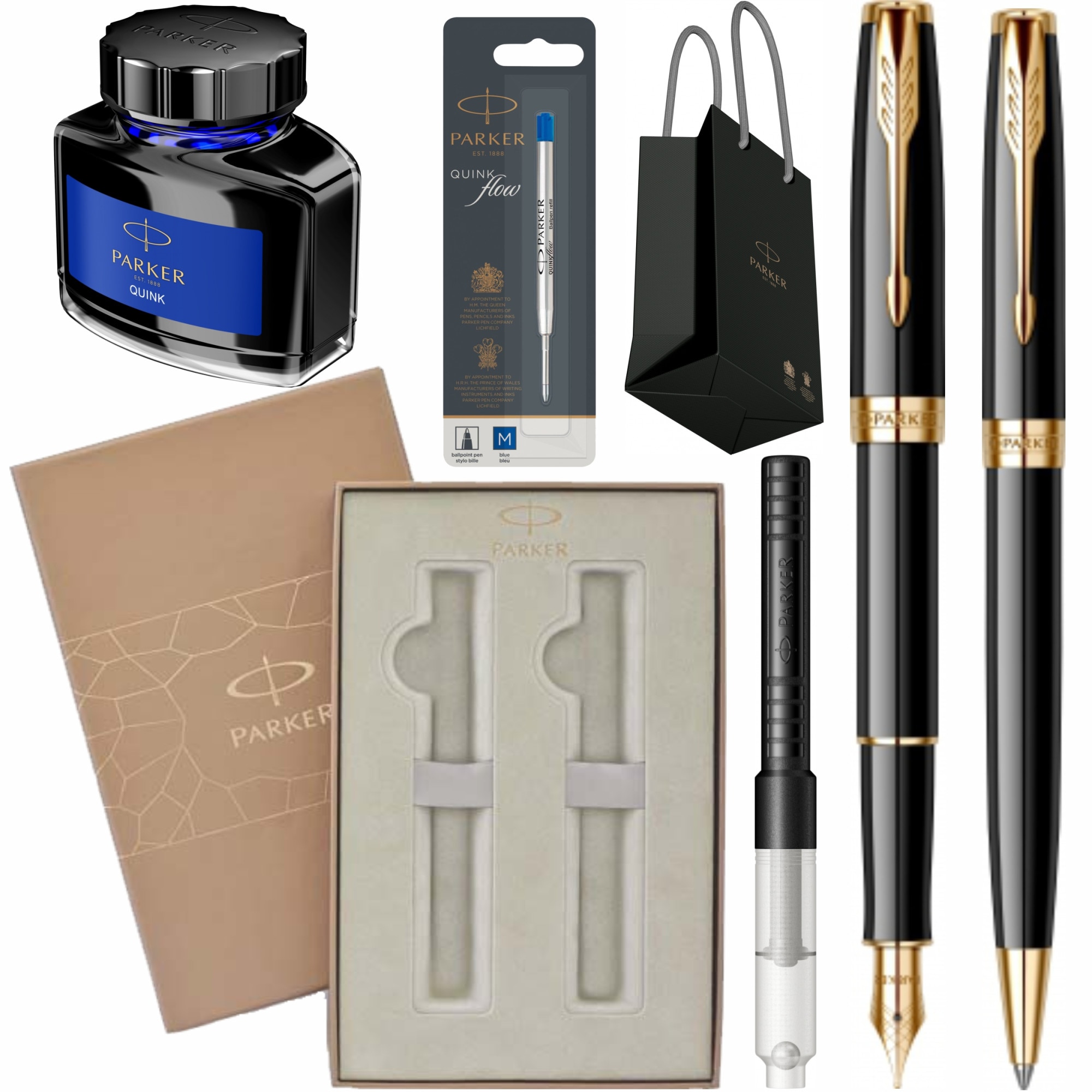 Set Parker Stilou Pix Sonnet Royal Black GTPersonalizat prin Gravura Laser in cutie Premium Duo cu rezerva mina pix Quink Flow Albastru M/F, convertor functional montat, calimara cerneala si punga