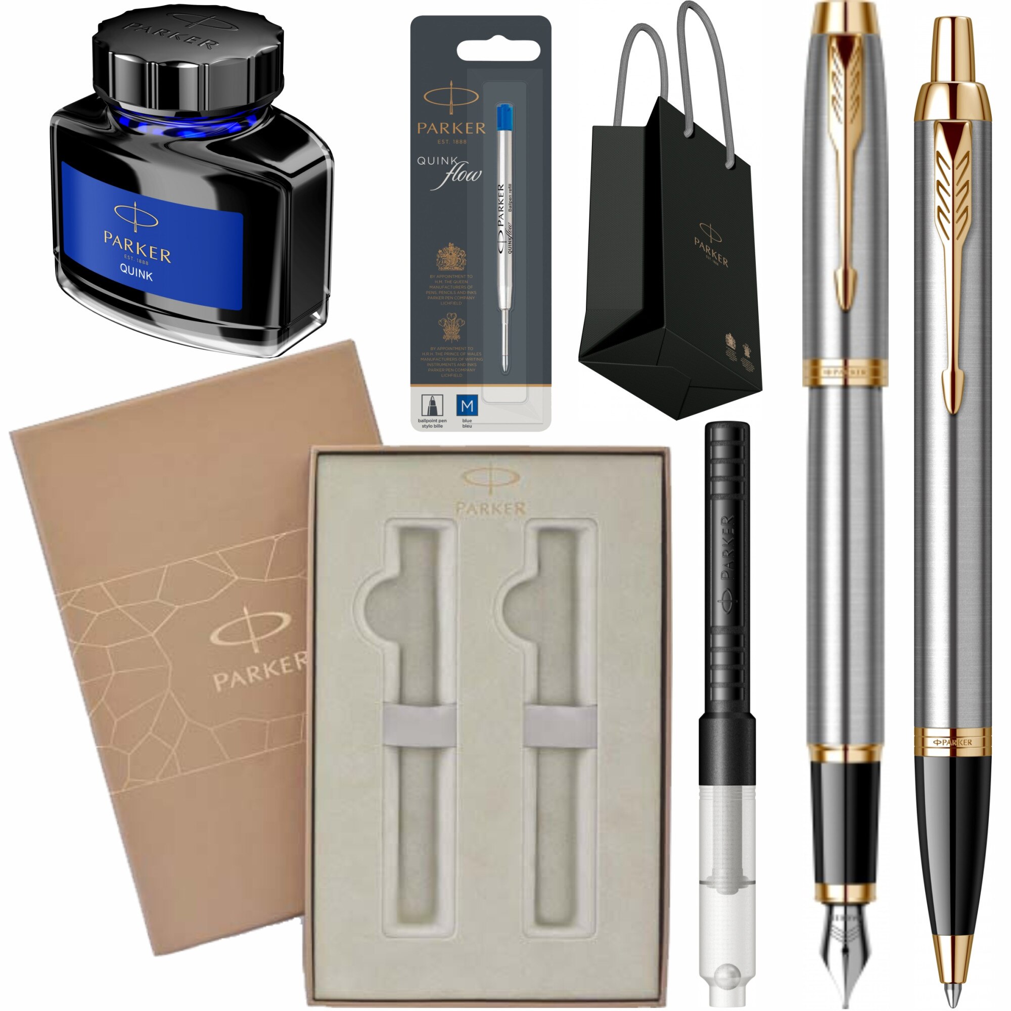 Set Parker Personalizat prin Gravura Laser Stilou Pix IM Royal Brushed Metal GT cu rezerva mina pix, convertor, calimara cerneala, cutie Premium Duo si punga