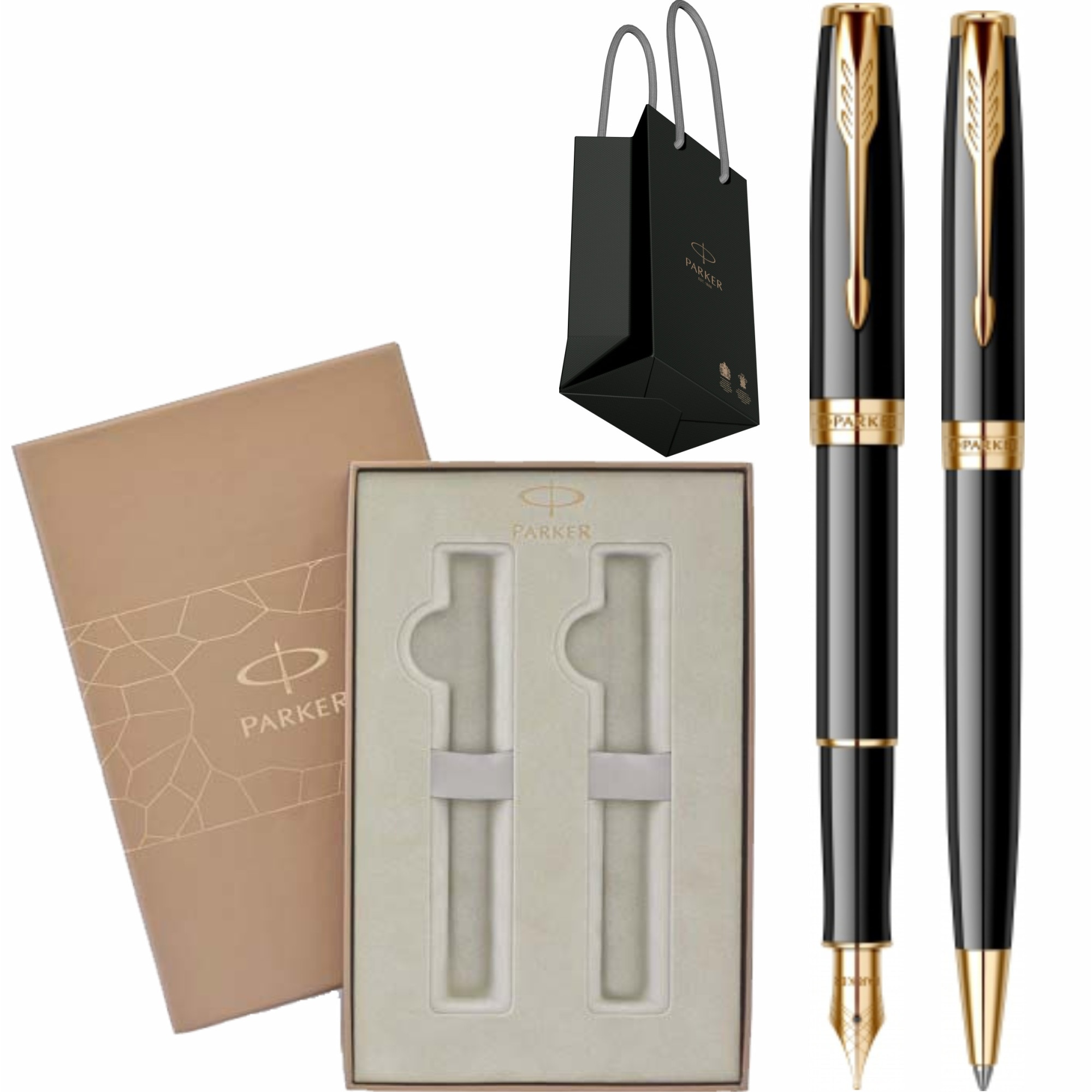 Set Parker Stilou Pix Sonnet Royal Black GT Personalizat prin Gravura Laser cu convertor si mina pix Parker montate in cutie Premium Duo si punga