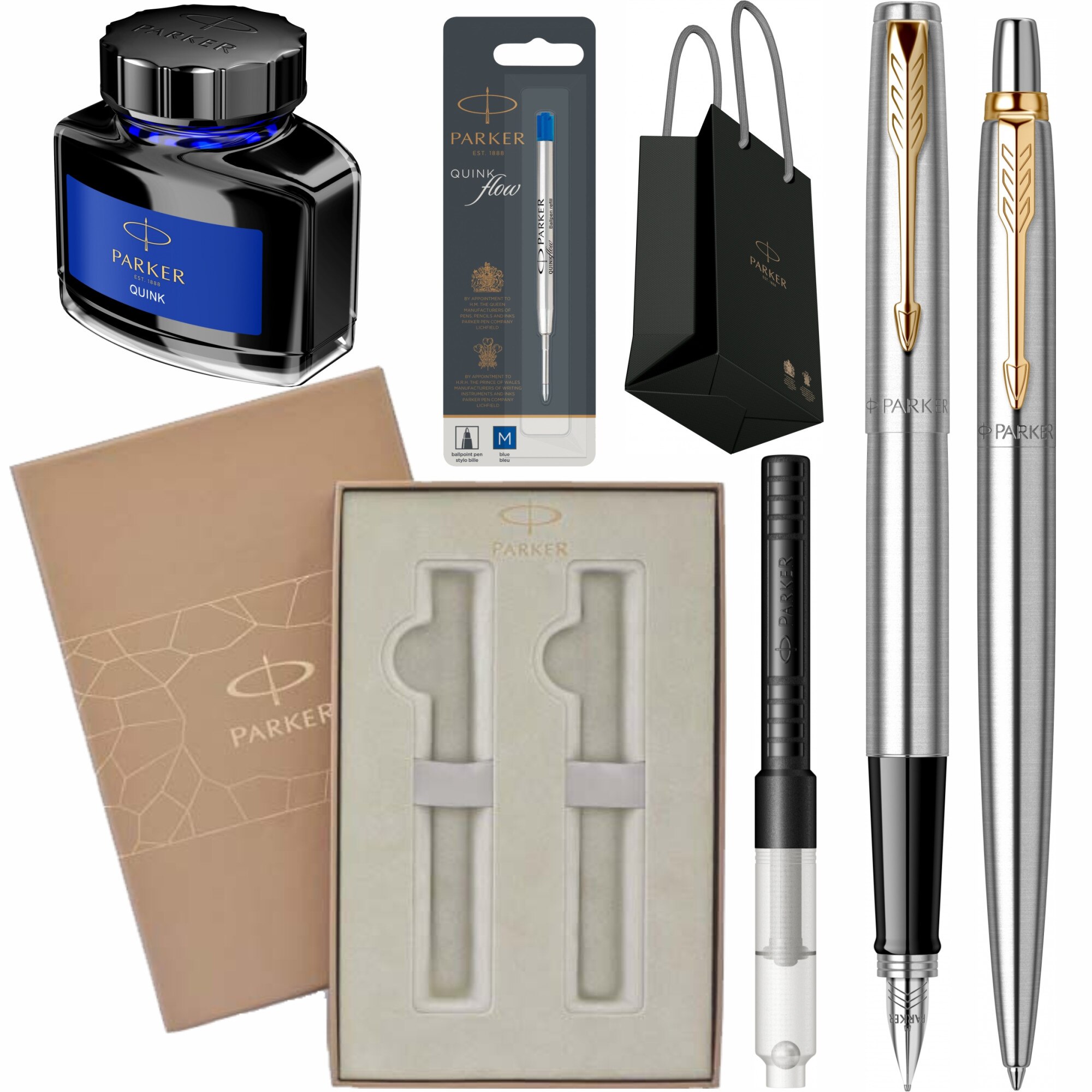 Set Parker Stilou Pix Jotter Royal Stainless Steel GT Personalizat prin Gravura Laser cu rezerva mina pix, convertor, calimara cerneala, cutie Premium Duo si punga