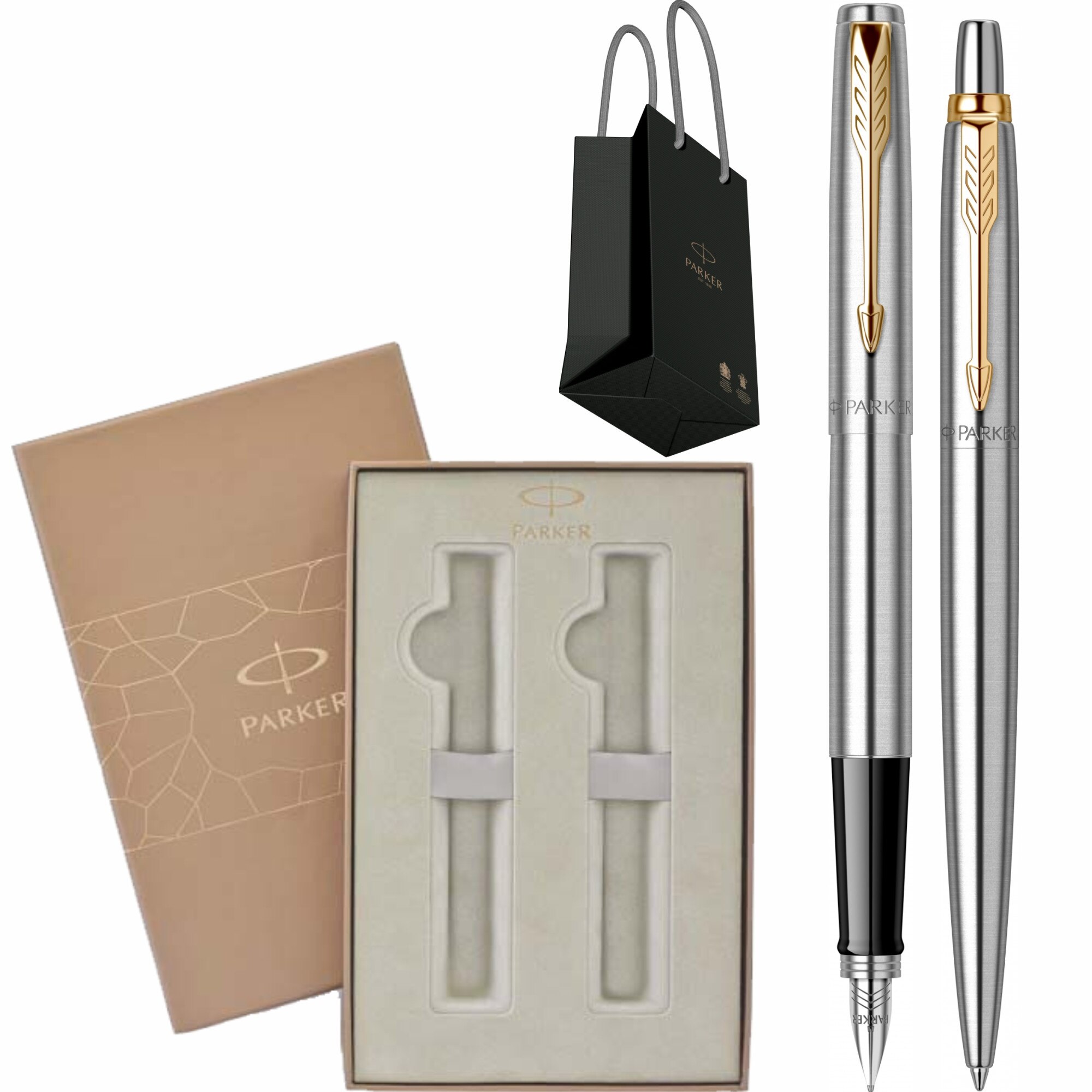 Set Parker Stilou Pix Jotter Royal Stainless Steel GT Personalizat prin Gravura Laser in cutie Premium Duo si punga