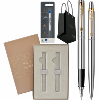 Set Parker Stilou Pix Jotter Royal Stainless Steel GT Personalizat prin Gravura Laser cu rezerva mina pix, cutie Premium Duo si punga Set Parker Stilou Pix Jotter Royal Stainless Steel GT Personalizat prin Gravura Laser cu rezerva mina pix, cutie Premium Duo si punga