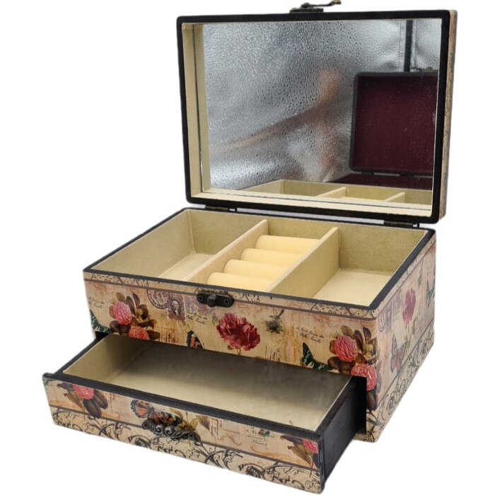 Cutie de Bijuterii ,lemn , cu capac ,oglinda interioara,Multiple Compartimente,interior captusit ,20,3 x 10,6 x 10,3 cm