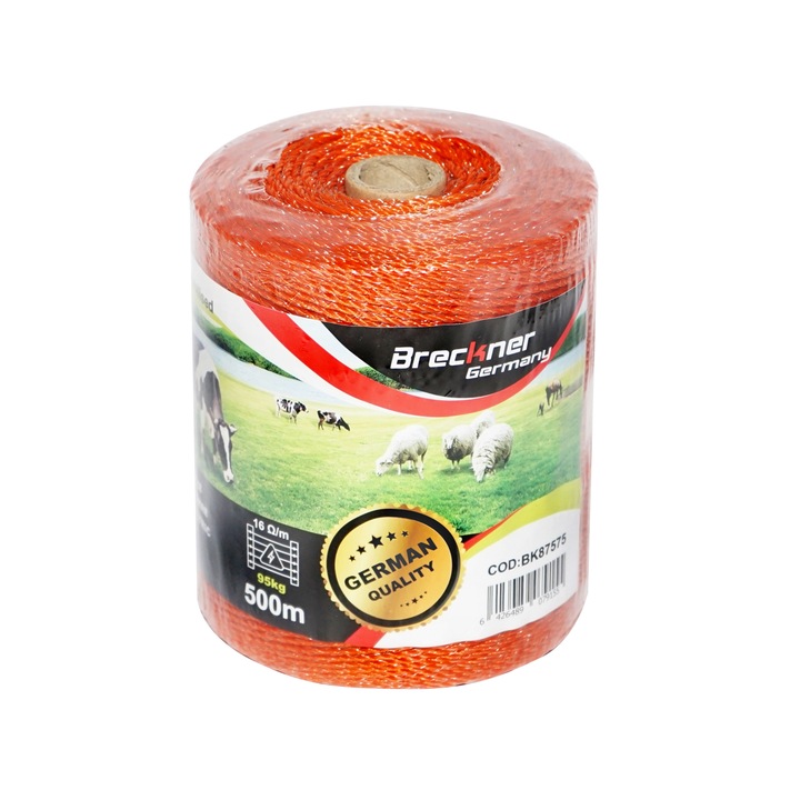 Rola fir portocaliu fi 2mm insertie metalica 3x0.15mm SS, rezistenta 16 Ohm/m, 500m gard electric Breckner Germany