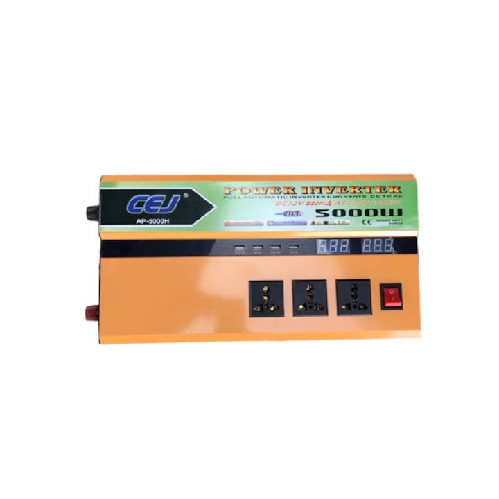 Токов инвертор с мощност 5000 W, 3 гнезда на 220 V, бутон за включване/изключване, DC 12 V - AC 220 V и DC 5 V, компактен и устойчив дизайн, оранжев