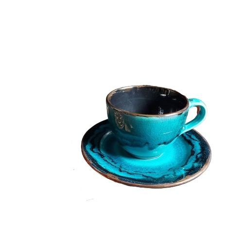 Set ceasca 150 ml si farfuriuta, din ceramica decorate cu cupru
