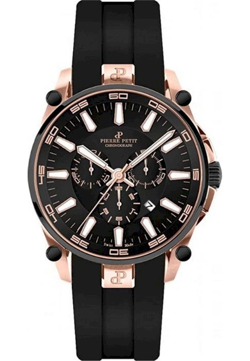 Analóg óra, Pierre Petit, P-817F, kronográf, kvarc, 10 ATM, 44 mm, fekete/rózsa arany