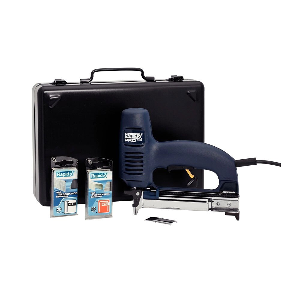 Capsator electric Rapid R553 kit cu servieta metalica pentru tapiterie, reglare forta impact, sistem siguranta tragaci, capse 53/8-20mm, cuie 8/15-20 mm 10642912