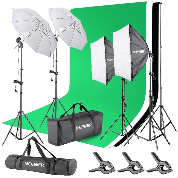 Kit de lumina continua Neewer, cu trepiede, sistem de suport fundal, umbrele, softbox, pentru fotografiere produse, portret, productie video