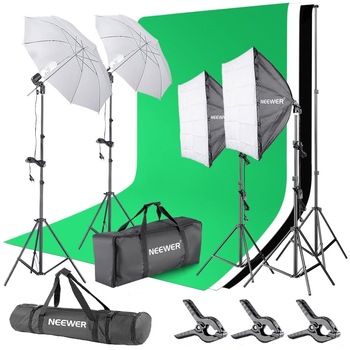Kit de lumina continua Neewer, cu trepiede, sistem de suport fundal, umbrele, softbox, pentru fotografiere produse, portret, productie video Kit de lumina continua Neewer, cu trepiede, sistem de suport fundal, umbrele, softbox, pentru fotografiere produse, portret, productie video