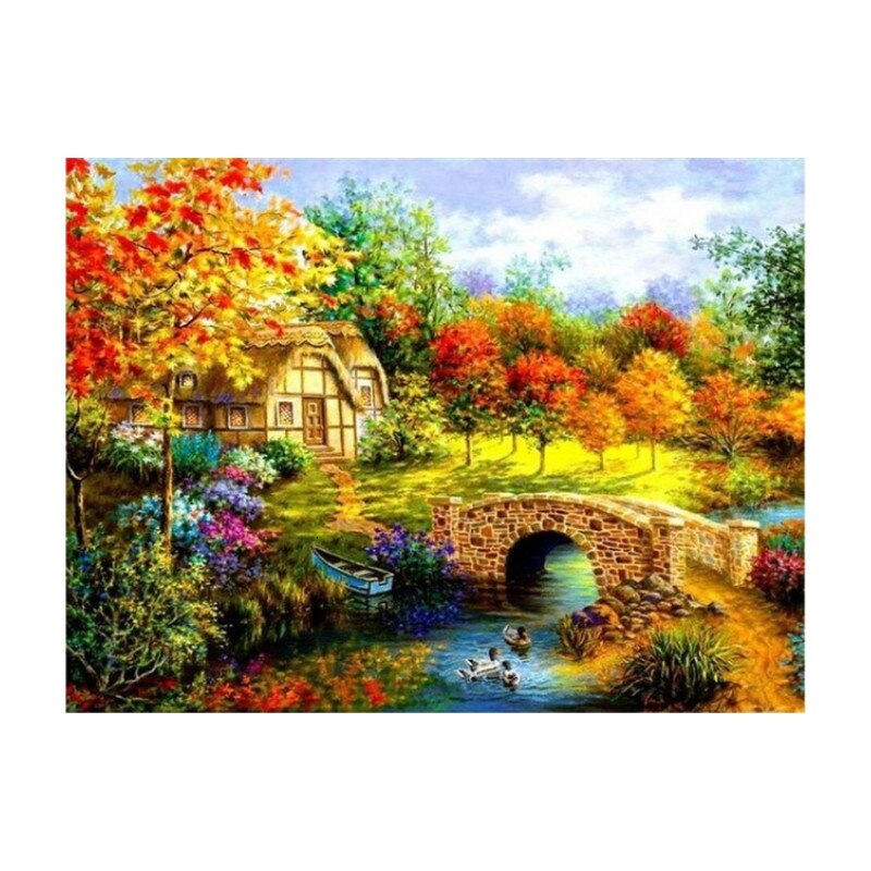 Set de creatie cu diamante AMTMBS DIY 5D, Model casa si pod, 34.8 x 24.8cm, Multicolor