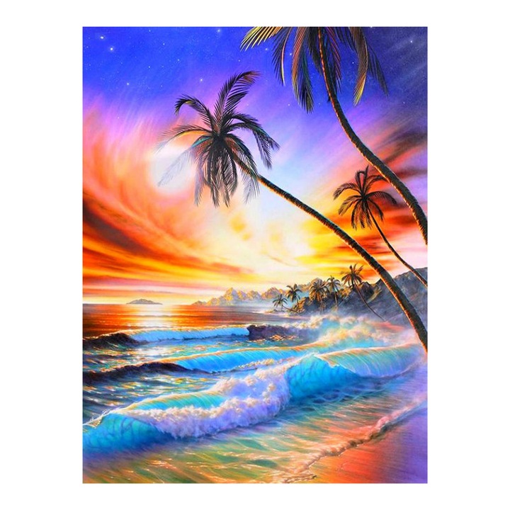 Set de creatie cu diamante AMTMBS DIY 5D, Model peisaj plaja exotica, 34.8 x 24.8cm, Multicolor