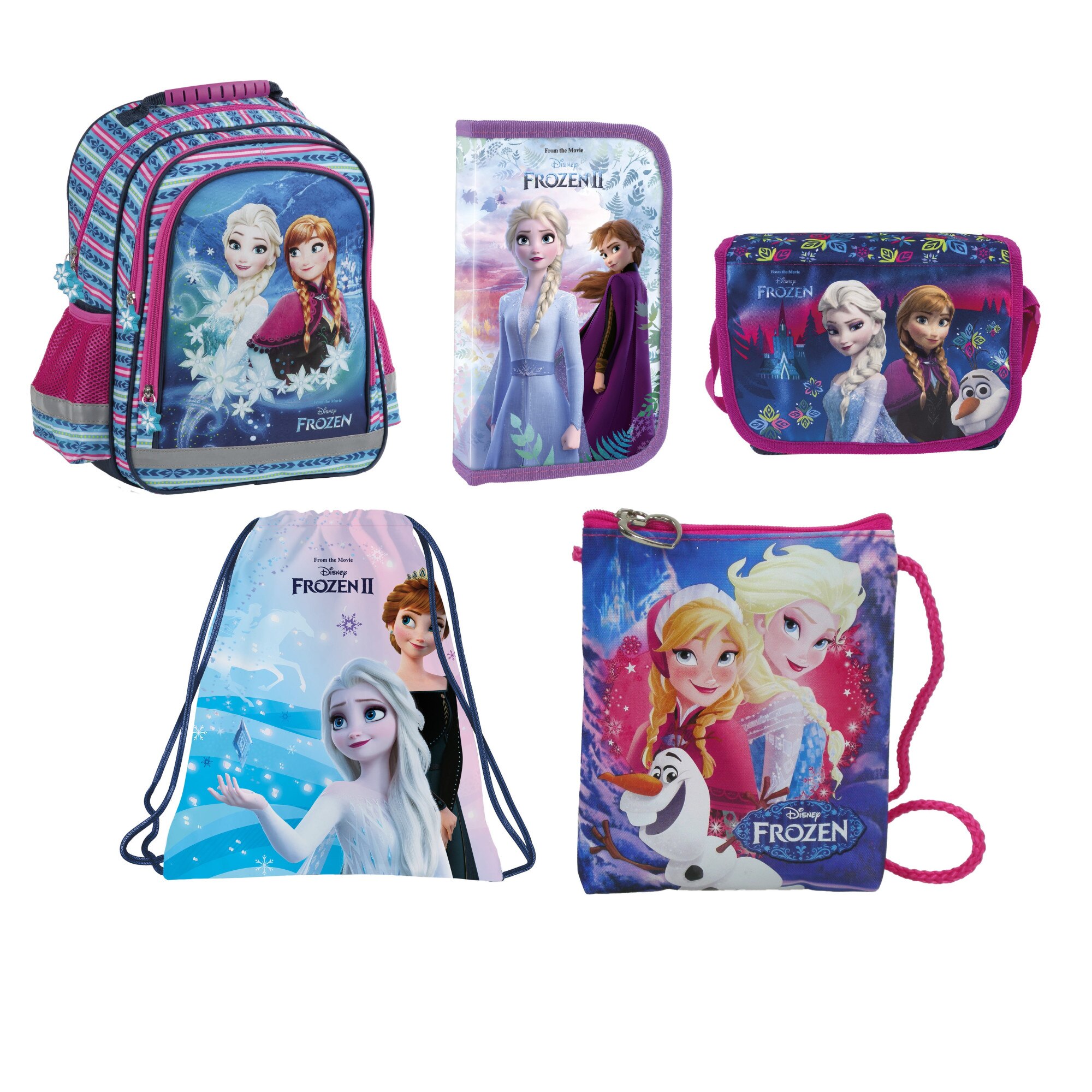 Set rucsac scoala frozen, penar, geanta pliabila incaltaminte, Sac incaltaminte, geanta de umar, multicolor