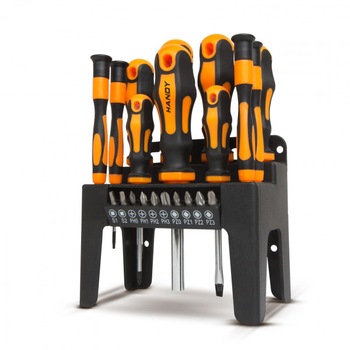 Set 22 piese Handy 10700, surubelnite, biti, suport fixare perete, maner ergonomic Set 22 piese Handy 10700, surubelnite, biti, suport fixare perete, maner ergonomic