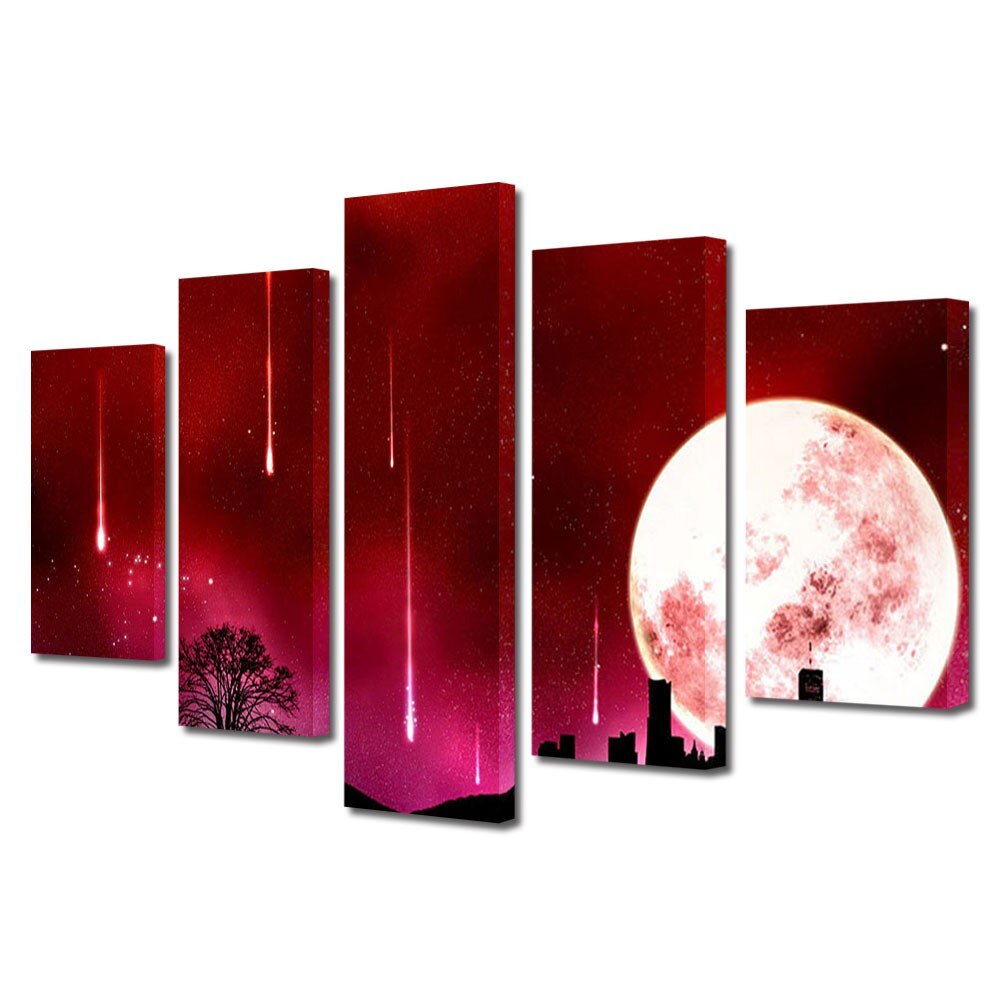 Set Tablouri Multicanvas 5 Piese Abstract Decorativ, noapte rosie, 70 x 125 cm