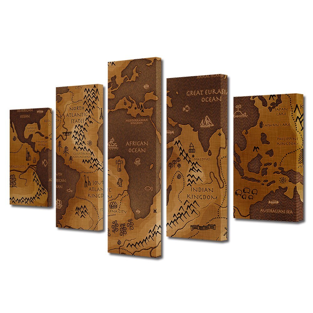 Set Tablouri Multicanvas 5 Piese Abstract Decorativ, Harta, 70 x 125 cm