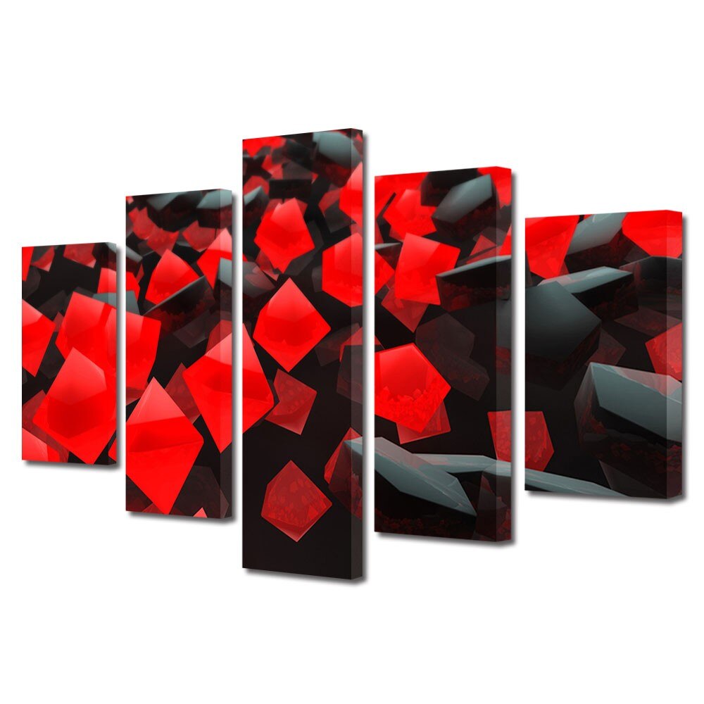 Tablou Multicanvas 5 Piese Abstract Decorativ, Cuburi rosi si negre, 120 x 225 cm