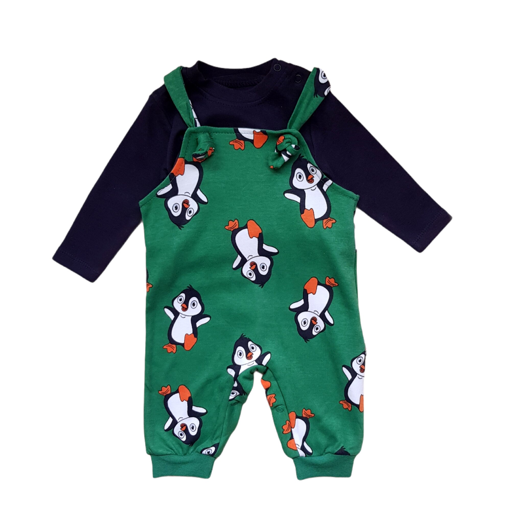 Salopeta cu bluza de bumbac model pinguin, Multicolor