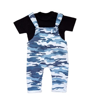 Salopeta cu tricou de bumbac, camuflaj, Negru/Albastru, Multicolor Salopeta cu tricou de bumbac, camuflaj, Negru/Albastru, Multicolor