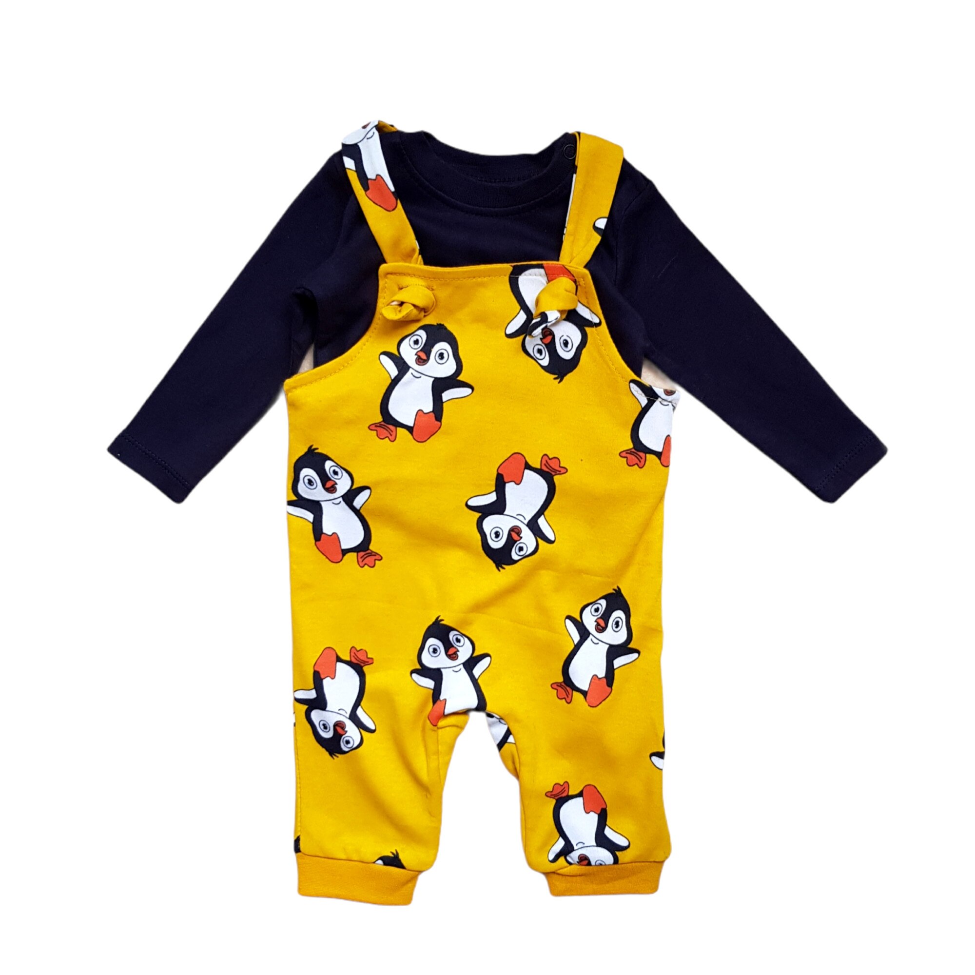 Salopeta cu bluza de bumbac model pinguin, Galben