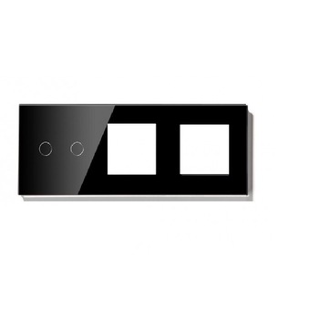 Panou intrerupator dublu cu touch si 2 prize din sticla negru Panou intrerupator dublu cu touch si 2 prize din sticla negru