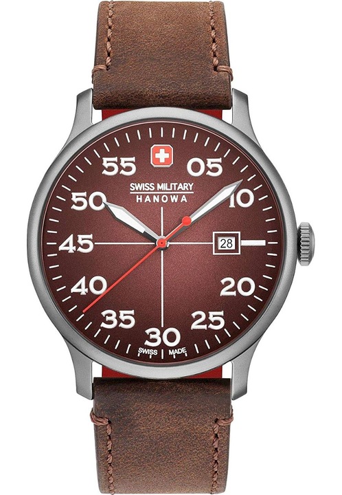 Мъжки часовник, Swiss Military Hanowa, Аналогов, Неръждаема стомана/Кожа, 43mm, 5 ATM, Кафяв/Червен