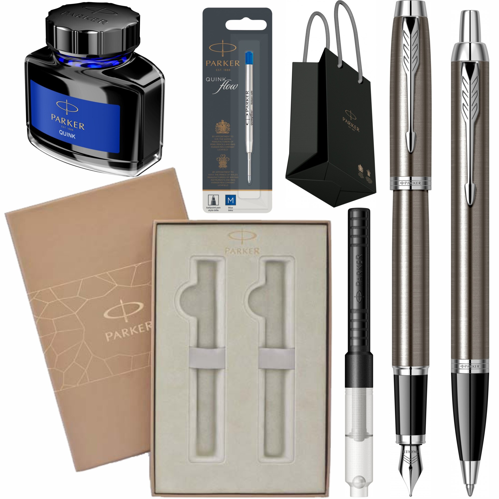 Set Parker Personalizat prin Gravura Laser Stilou Pix IM Royal Dark Espresso CT cu rezerva mina pix, convertor, calimara cerneala, cutie Premium Duo si punga
